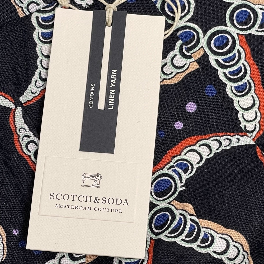 Scotch & Soda Mens 32 Black Blue Starfish AOP Linen Blend Chino Shorts Loose NEW - Picture 5 of 14